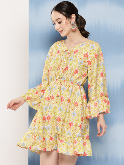 InWeave Women's Yellow Orange Ikkat Print Short Dress