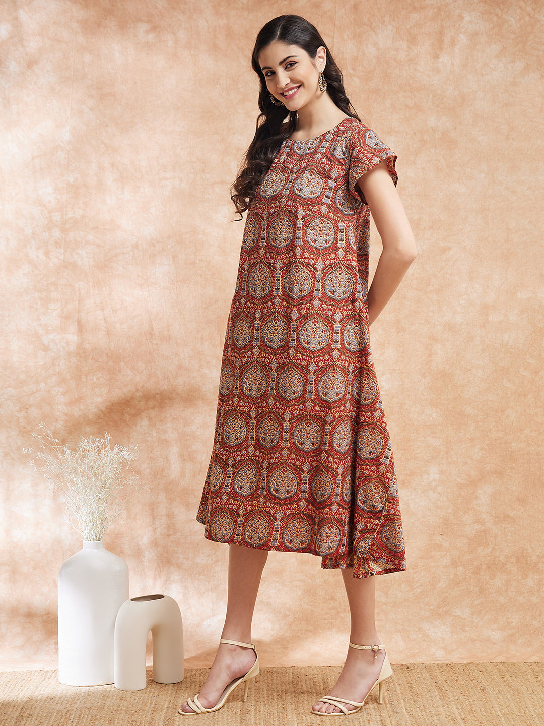 InWeave Women's Maroon Mughal Kalamkari A Line Dress
