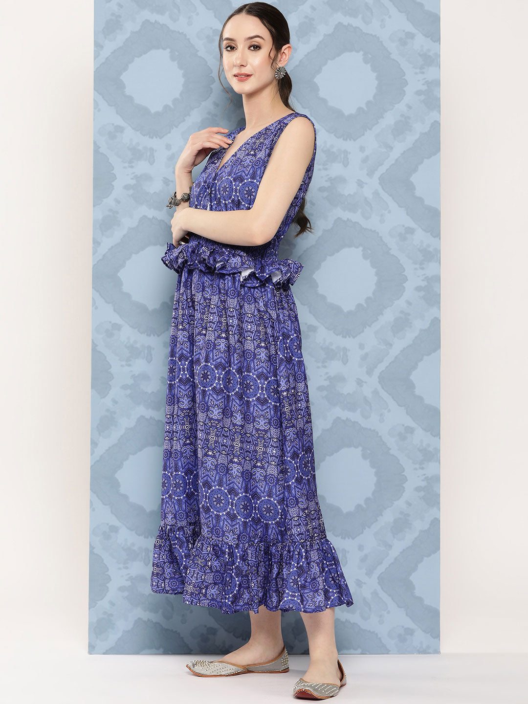 InWeave Women's Blue Floral Paisley Print Long Frill Dress