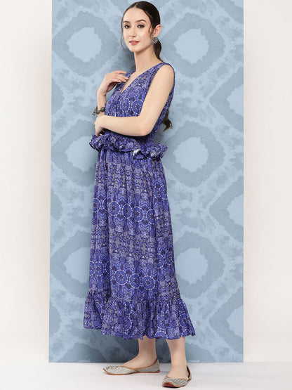 InWeave Women's Blue Floral Paisley Print Long Frill Dress