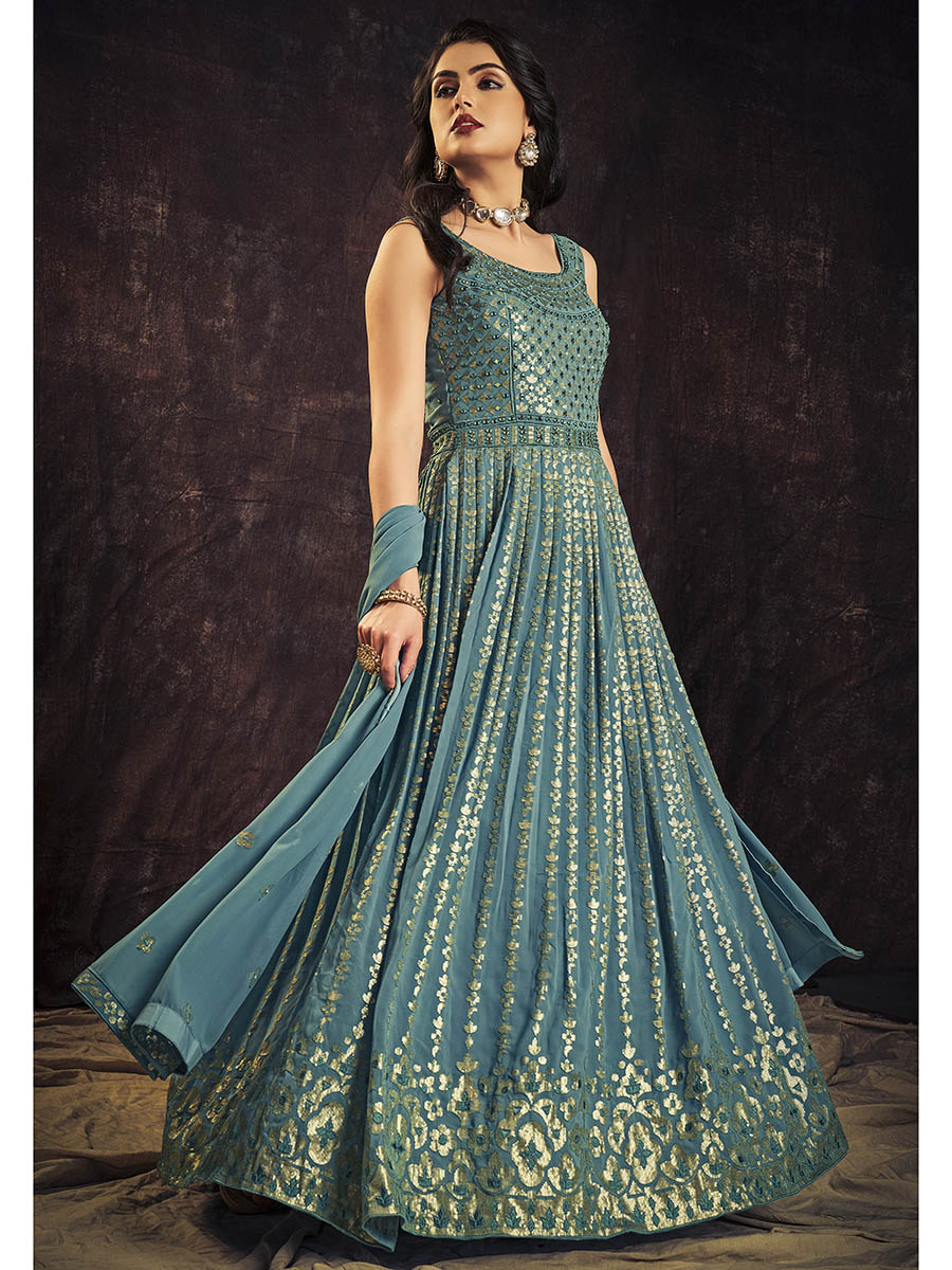 Myra Blue Real Georgette Designer Gown Style Suit
