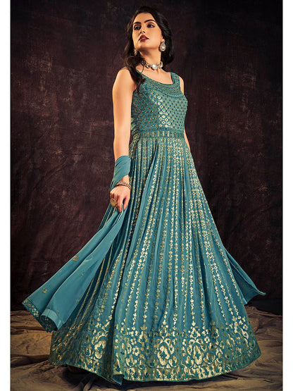 Myra Blue Real Georgette Designer Gown Style Suit
