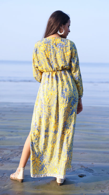 Noroke Vintage Crepe Yellow Vintage Printed Long Dress
