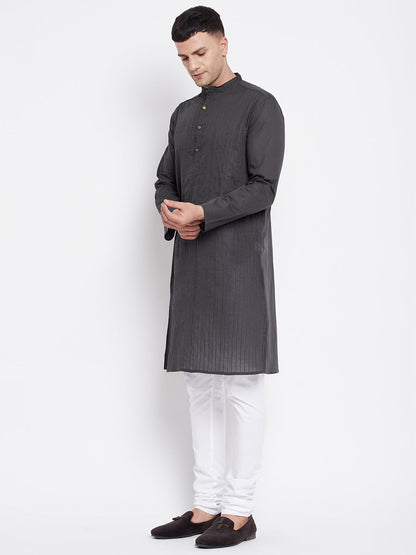 Even Apparels Grey Pure Cotton Kurta With Band Collar