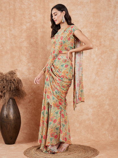 InWeave Women's Pear Green Red Floral Skirt Saree