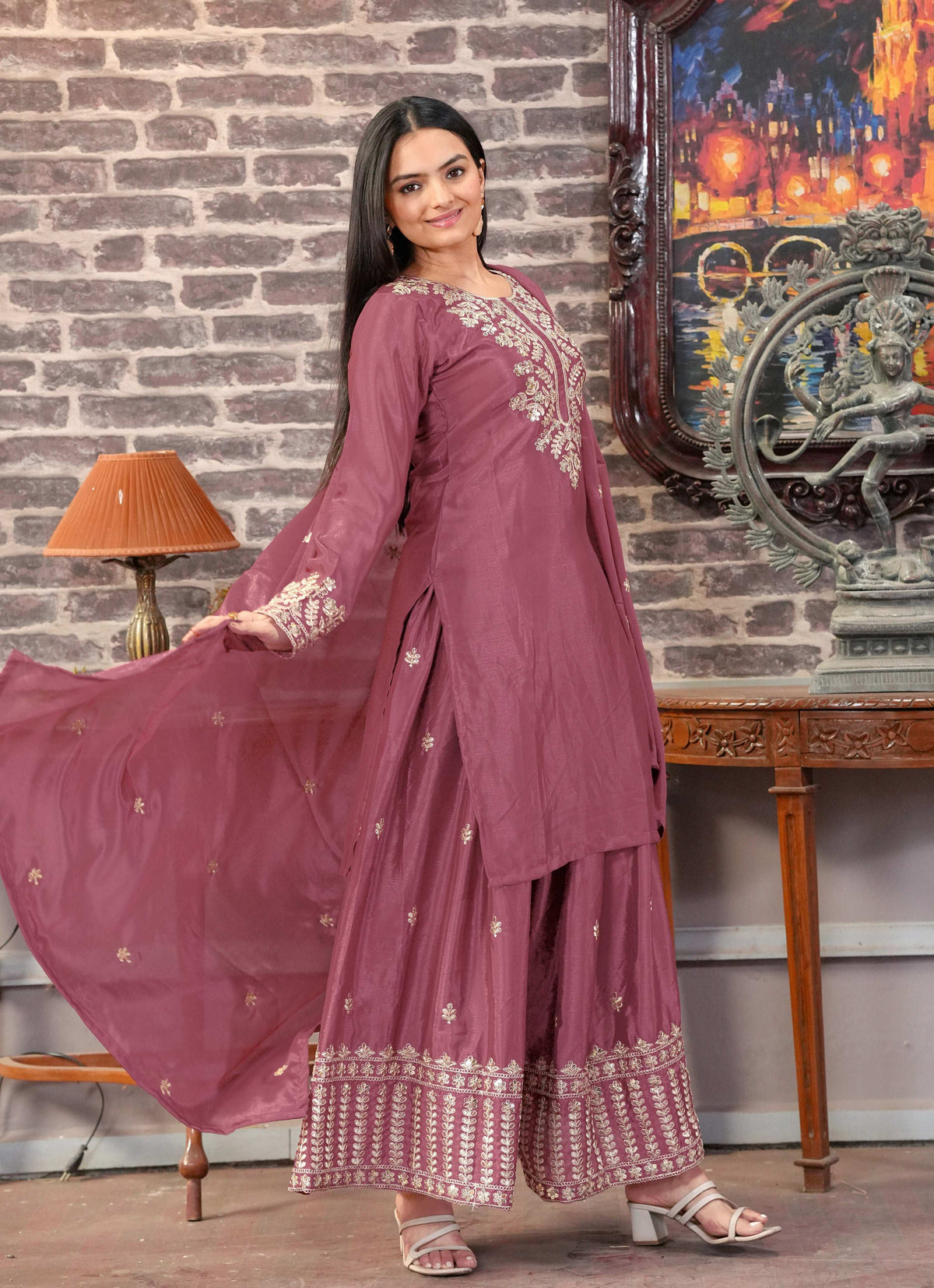 Yash Enterprise Floral Embroidered Chinon Silk Pink Readymade Salwar Suit