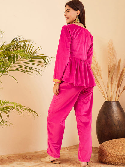 InWeave Women's Magenta Mughal Shaan Style Velvet Short Kurta Set