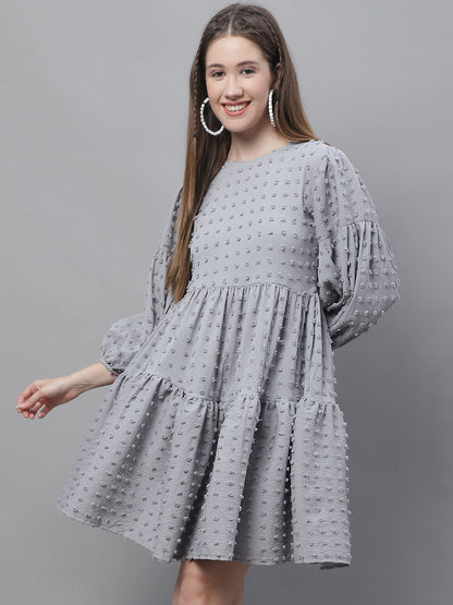 Jainish Women's Peach Self Design Tiered Dress