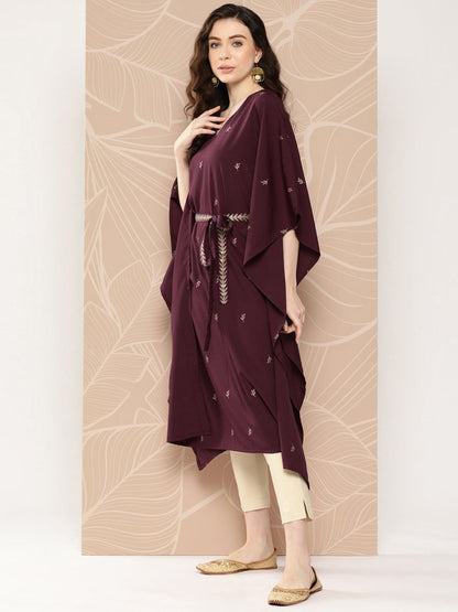 Ahalyaa Women Floral Printed Flared Sleeves Belted Detail Crepe Kaftan Kurta