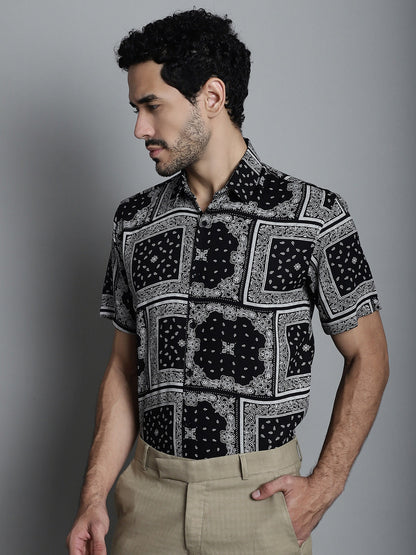 Jainish Men's Paisley Printed Formal Shirts - Black