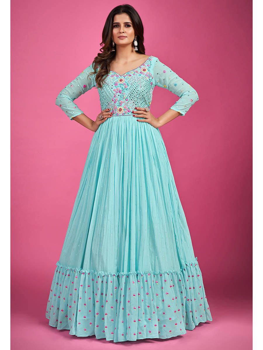 Myra Blue Chinon Silk Embroidered Gown