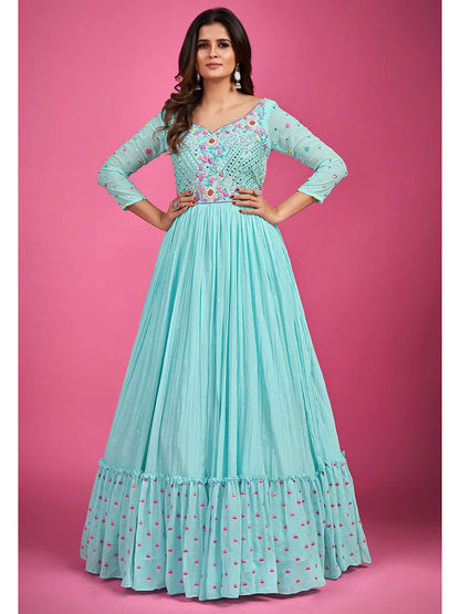 Myra Blue Chinon Silk Embroidered Gown
