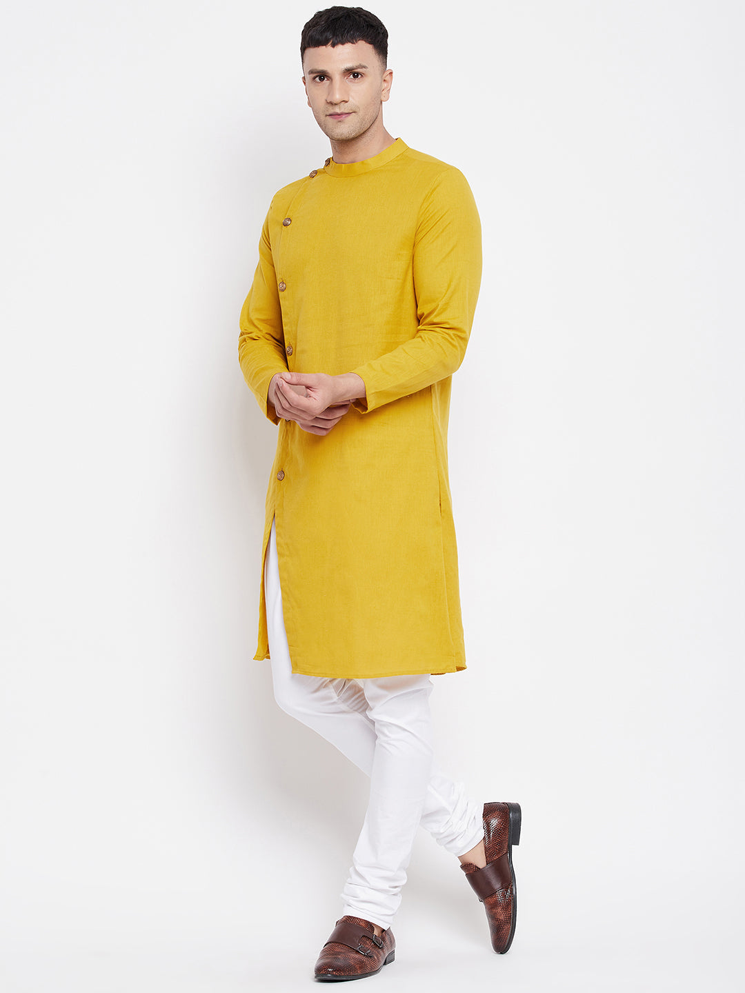 Even Apparels Yellow Pure Cotton Kurta With Band Collar