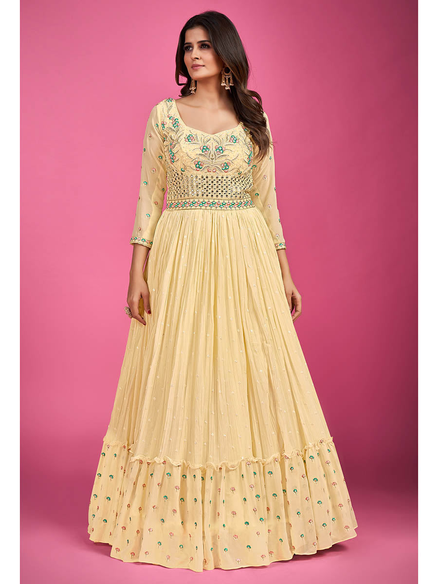 Myra Yellow Pure Georgette Embroidered Gown