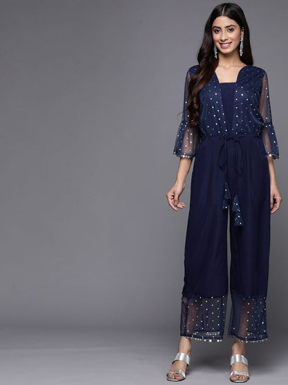 Ahalyaa Printed Bell Sleeves Crepe Basic Jumpsuit With Waist Tie-Ups