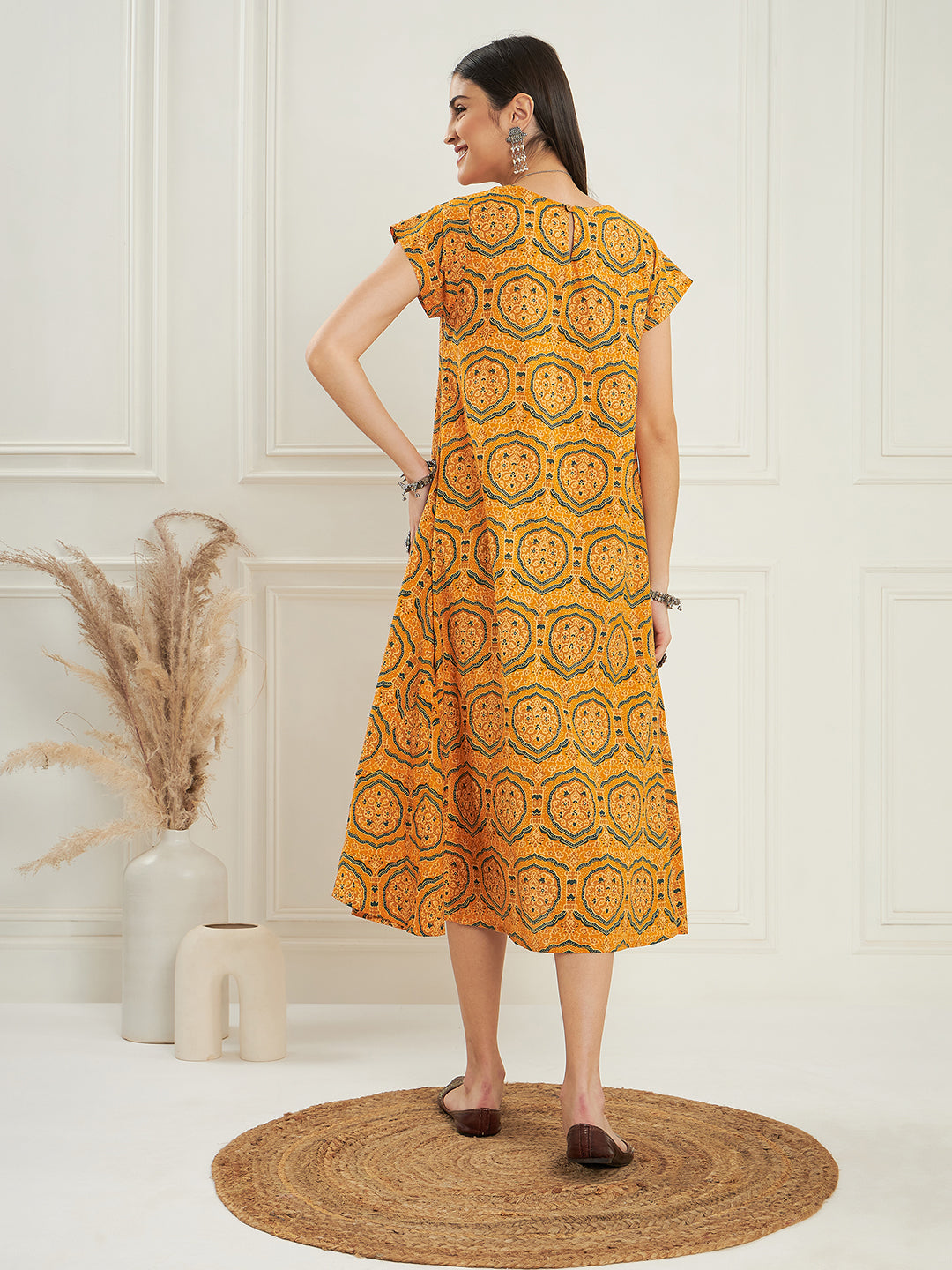 InWeave Women's Haldi Yellow Mughal Kalamkari A Line Dress
