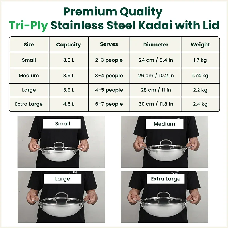 The Indus Valley TurboCuk Tri-ply Stainless Steel Kadai+ Steel Lid, Premium Quality, 3 Layer Thick Body, 100% Toxin-free, Non-stick, Induction & Gas, 3L/3.5L/3.9L/4.5L