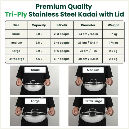 The Indus Valley TurboCuk Tri-ply Stainless Steel Kadai+ Steel Lid, Premium Quality, 3 Layer Thick Body, 100% Toxin-free, Non-stick, Induction & Gas, 3L/3.5L/3.9L/4.5L