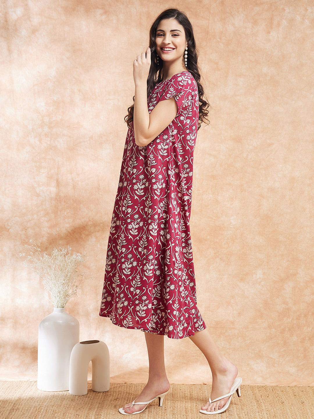 InWeave Women's Wine Cream Floral Print A Line Dress