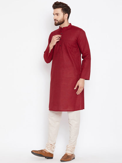 Even Apparels Maroon Pure Cotton Kurta With Band Collar