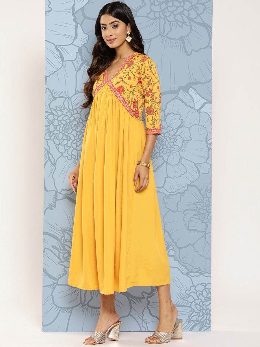 Ahalyaa Floral Print Crepe Empire Midi Ethnic Dress