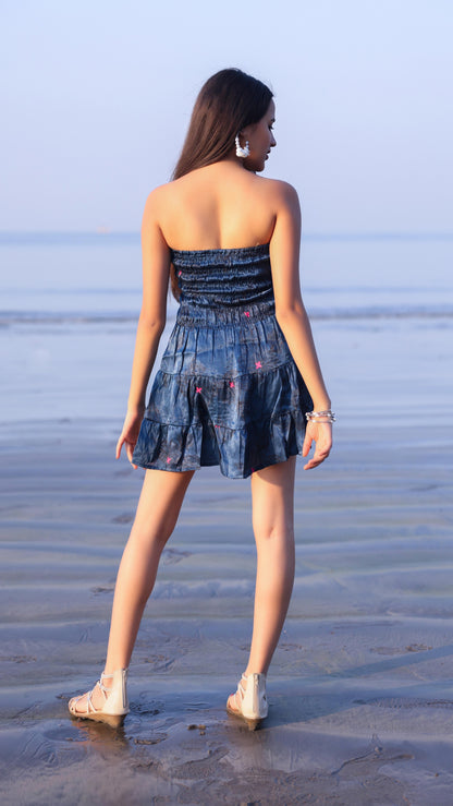 Noroke Modal Steel Blue Printed Mini Tiered Dress