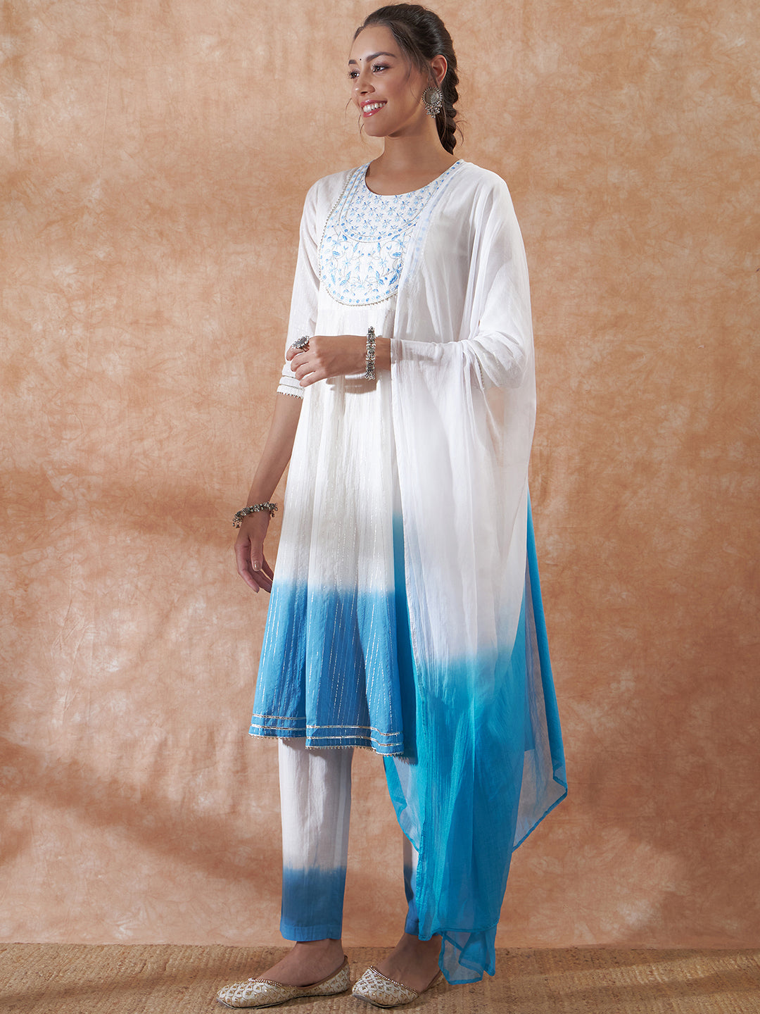 InWeave Women's White Lurex Blue Dye Patch Gota Anarkali Kurta Set W Dupatta
