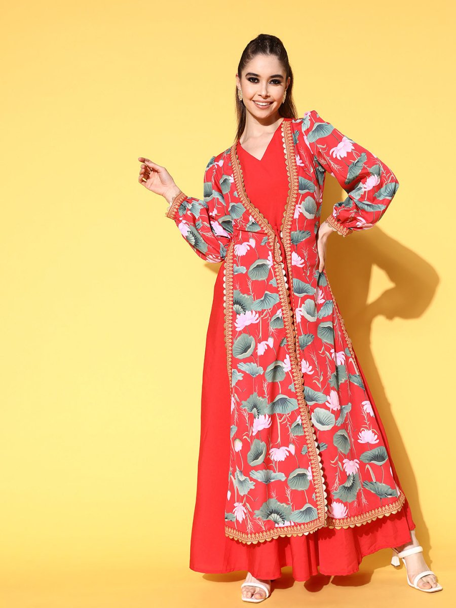 Ahalyaa Floral Printed Tie-Ups Maxi Ethnic Dress