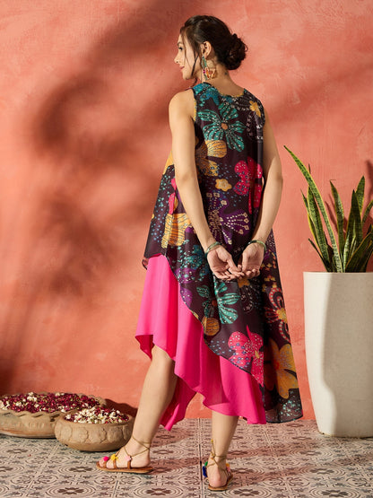 InWeave Black Floral Fuchsia Asymmetrical Dress