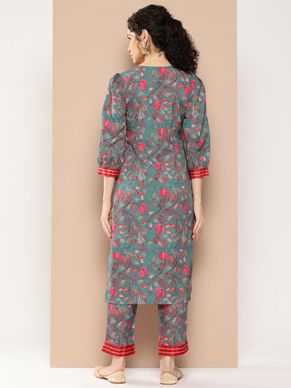 Ahalyaa Women Floral Printed Regular Gotta Patti Kurta with Trousers