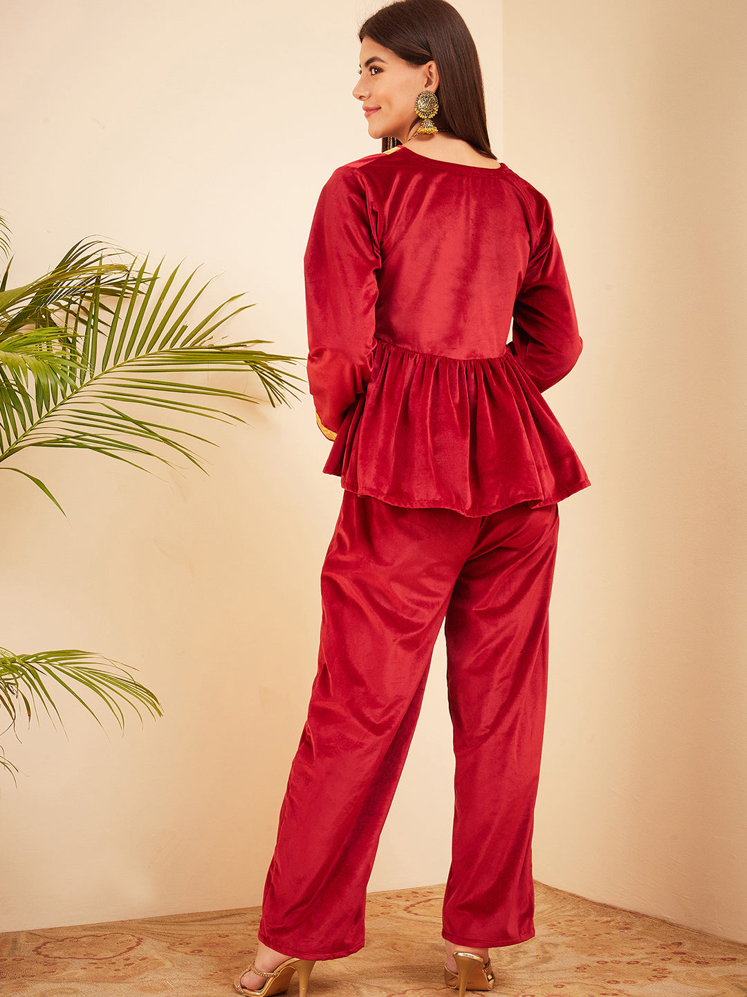 InWeave Women's Barn Red Mughal Shaan Style Velvet Short Kurta Set