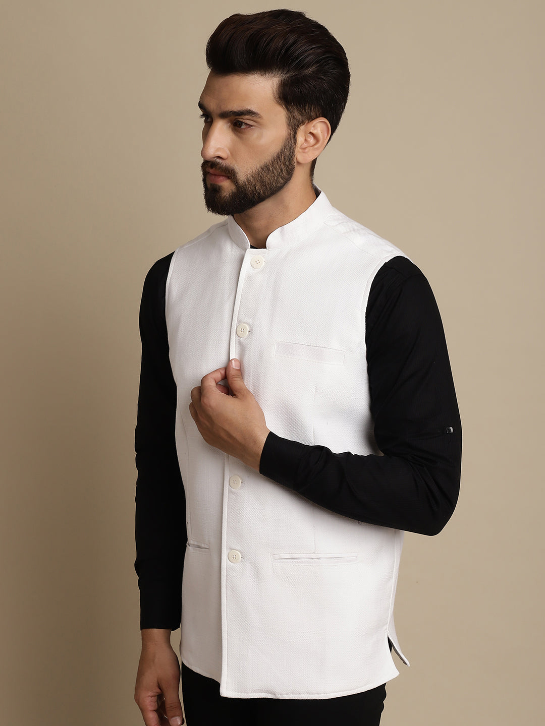 Even Apparels Men's White Mandarin Collar Waistcoat