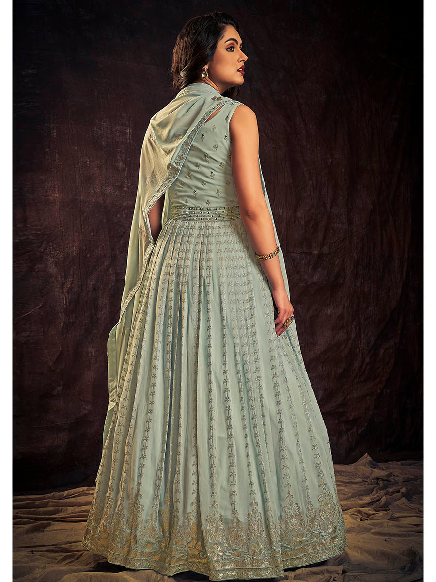 Myra Light Blue Real Georgette Designer Gown Style Suit