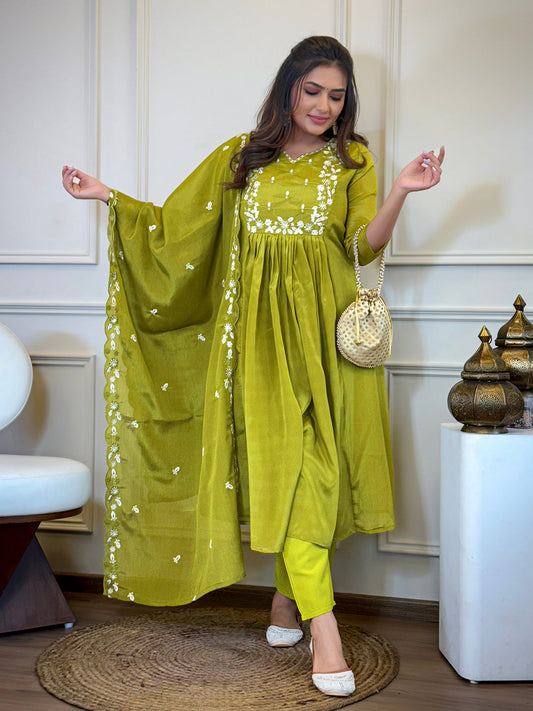 The52 Women's Gorgeous Chinon Embroidery Straight Kurta with Pant And Dupatta Set
