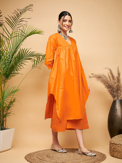 InWeave Women's Orange Flared Kurta Palazzo Set