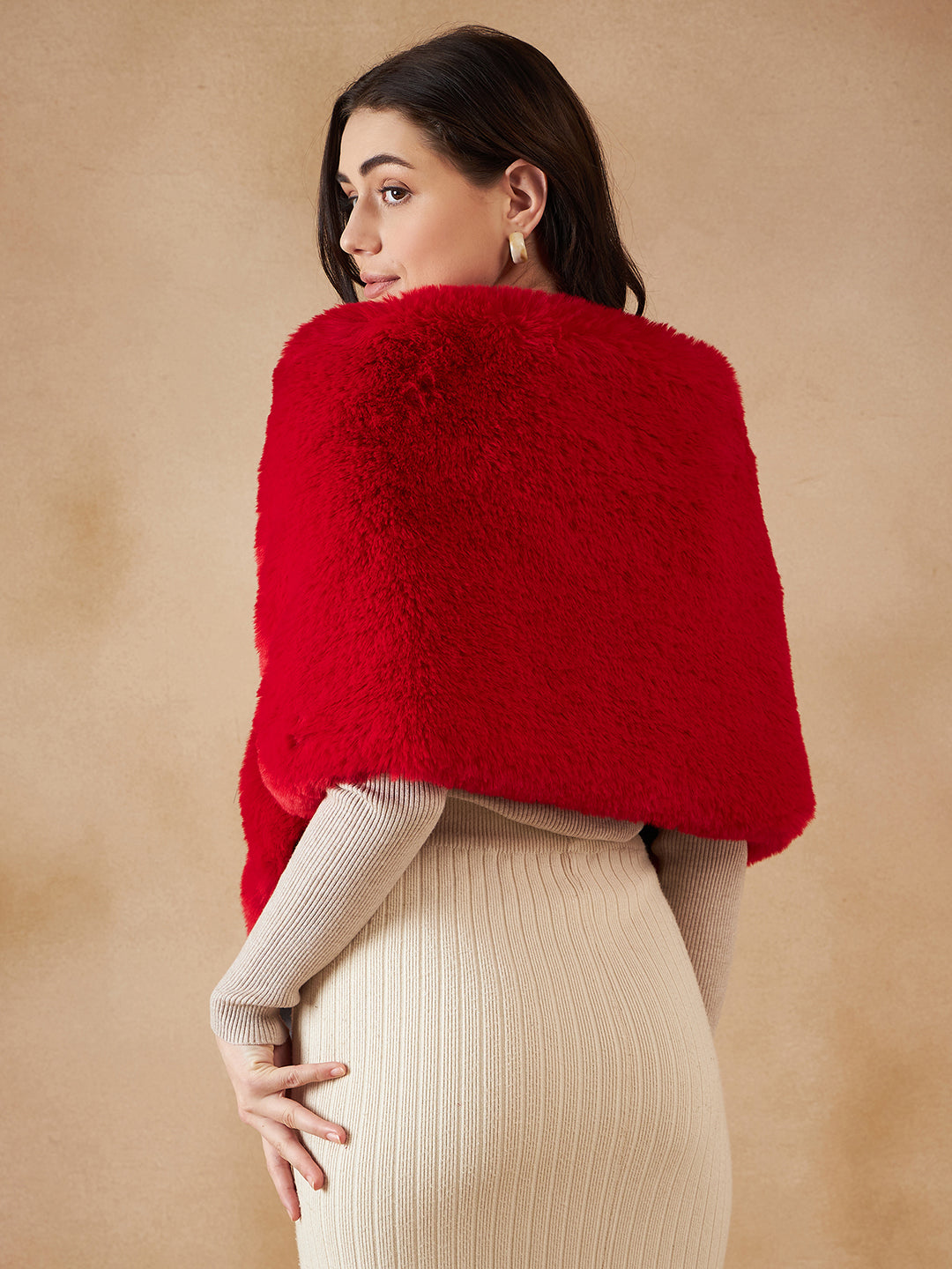 InWeave Women's Cherry Red Long Faux Fur Cape