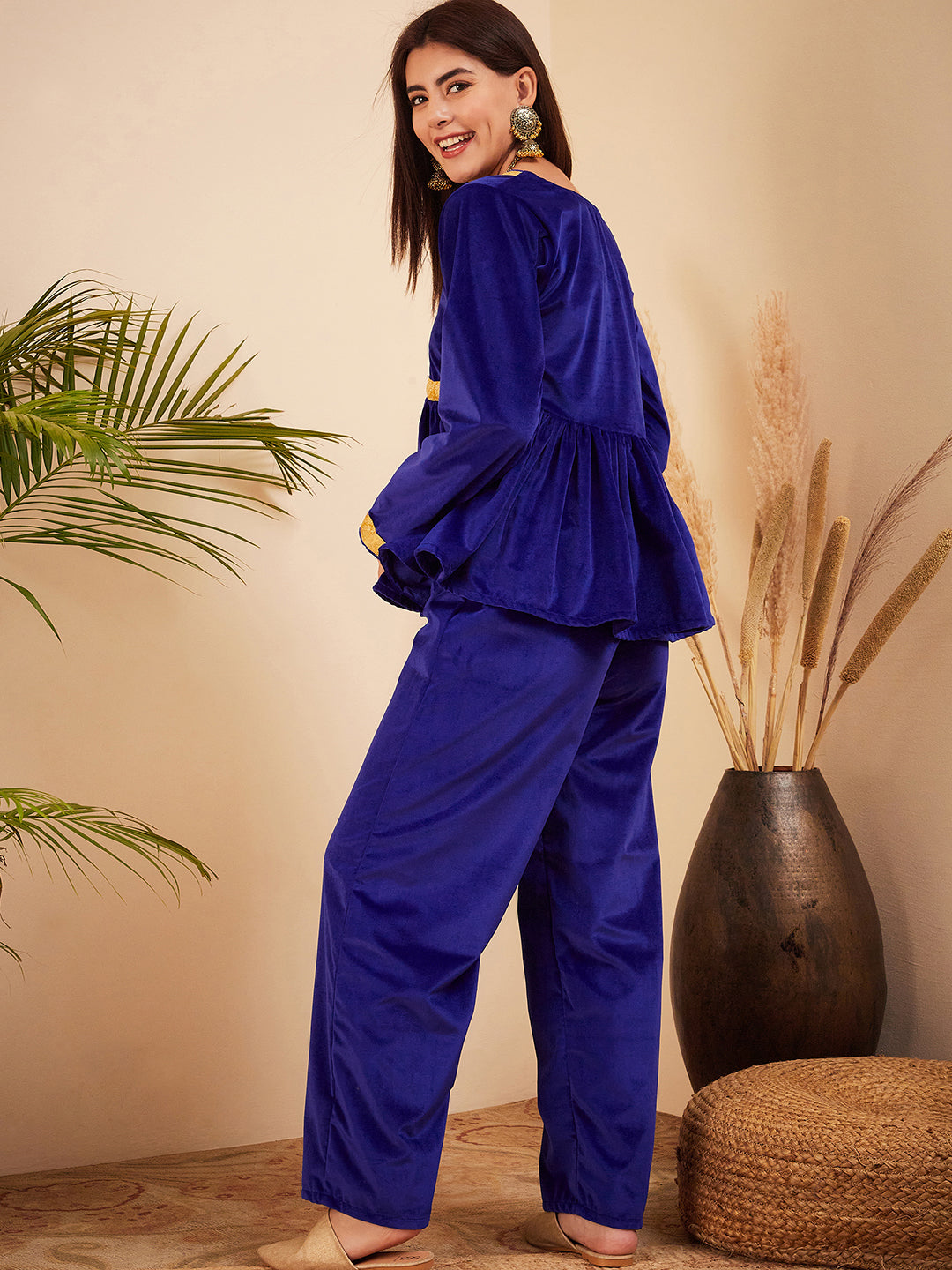 InWeave Women's Royal Blue Mughal Shaan Style Velvet Short Kurta Set