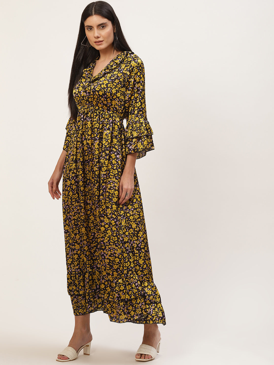 InWeave Women's Mustard Print Ruffled Dress