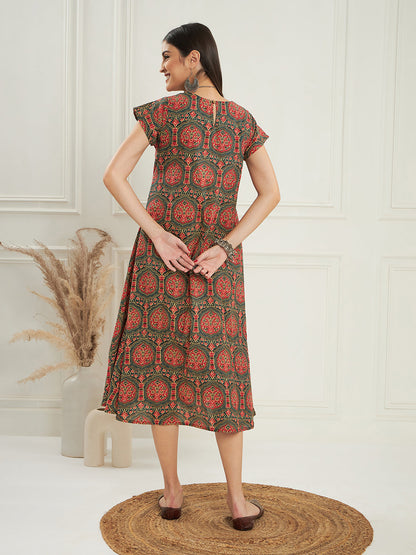 InWeave Women's Green Red Mughal Kalamkari A Line Dress