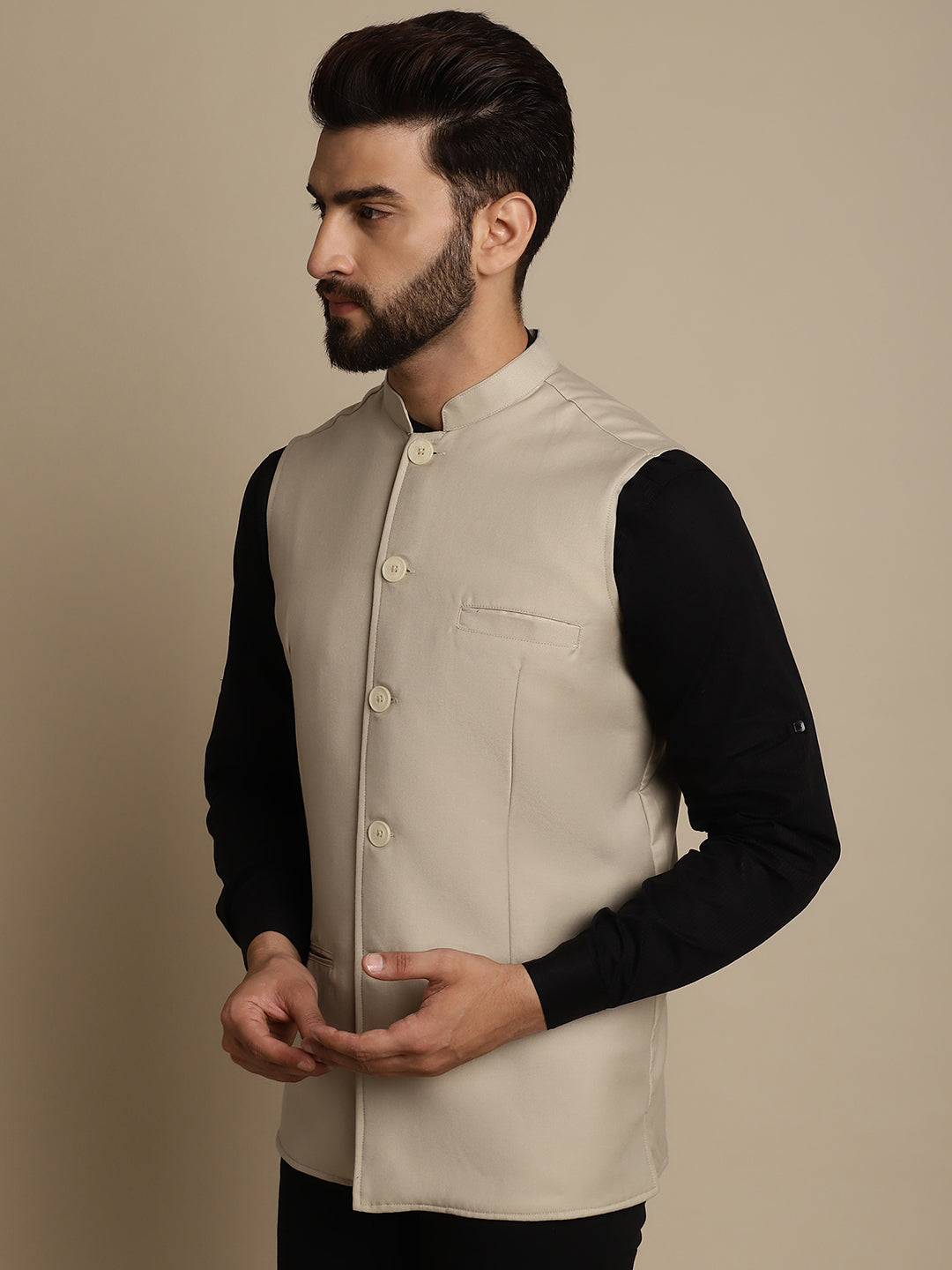 Even Apparels Men's Cream Mandarin Collar Waistcoat