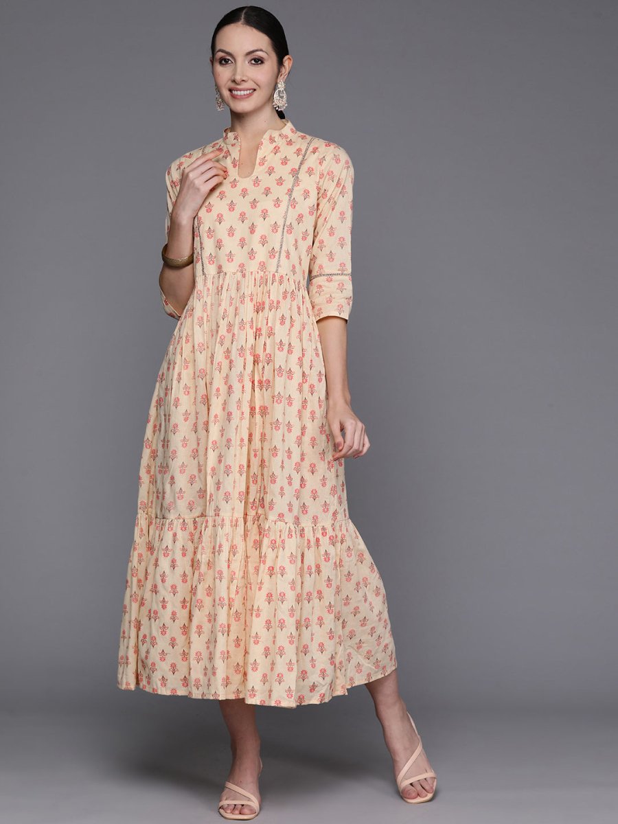 Ahalyaa Floral Print Mandarin Collar Tiered Midi Pure Cotton Ethnic Dress