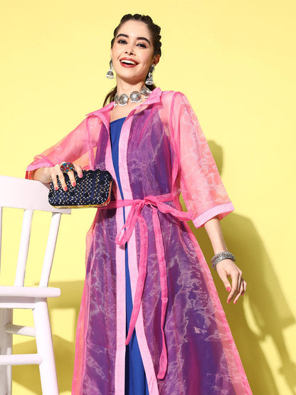 InWeave Women's Ink Blue Strappy Kurta Set With Pink Organza Cape