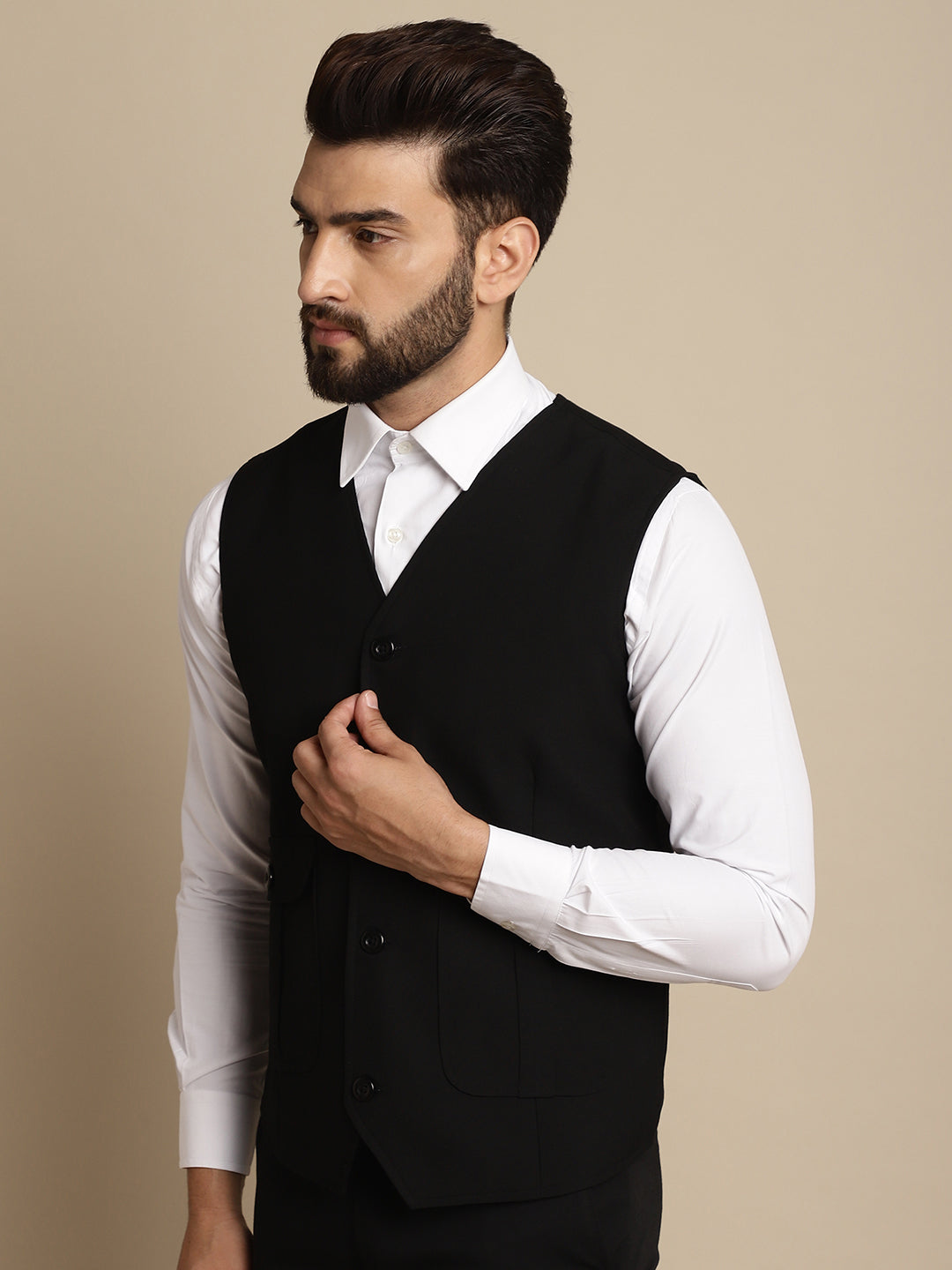 Even Apparels Men's Black Waistcoat With Patch Pocket