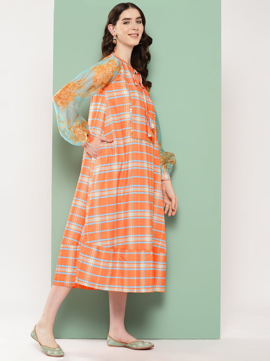 Ahalyaa Checked Tie-Up Neck Sequined Ethnic A-Line Midi Dress
