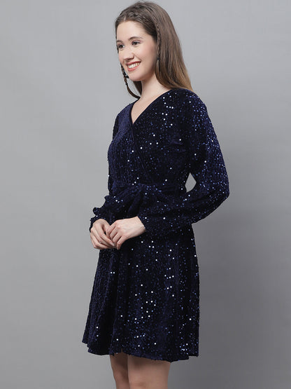 Jainish Women's WoSequin Velvet A-line dress - Navy Blue