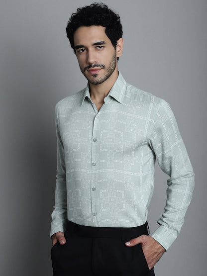 Jainish Men's Geomatric Printed Formal Shirts - Pista