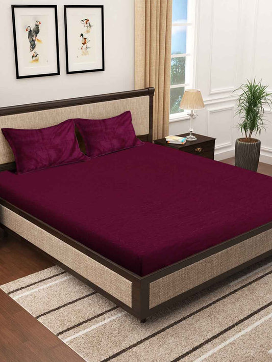 KLOTTHE Maroon 300 TC Woolen Fitted Double King Bedsheet With 2 Pillow Covers