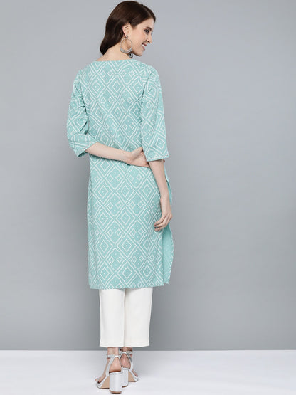 HERE&NOW Women Green & White Bandhani Print Straight Kurta
