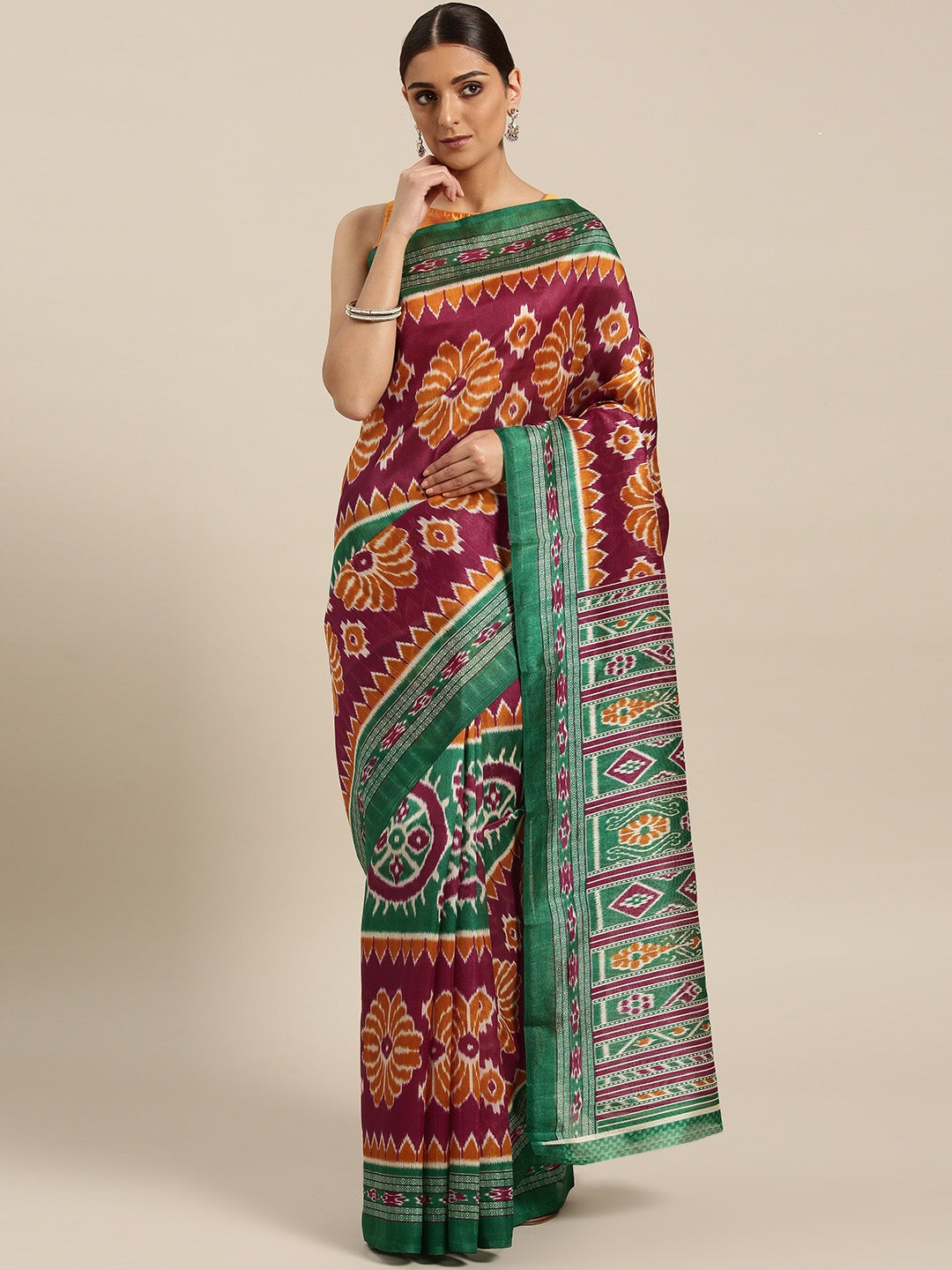 Saree Mall Magenta & Green Printed Bhagalpuri Saree