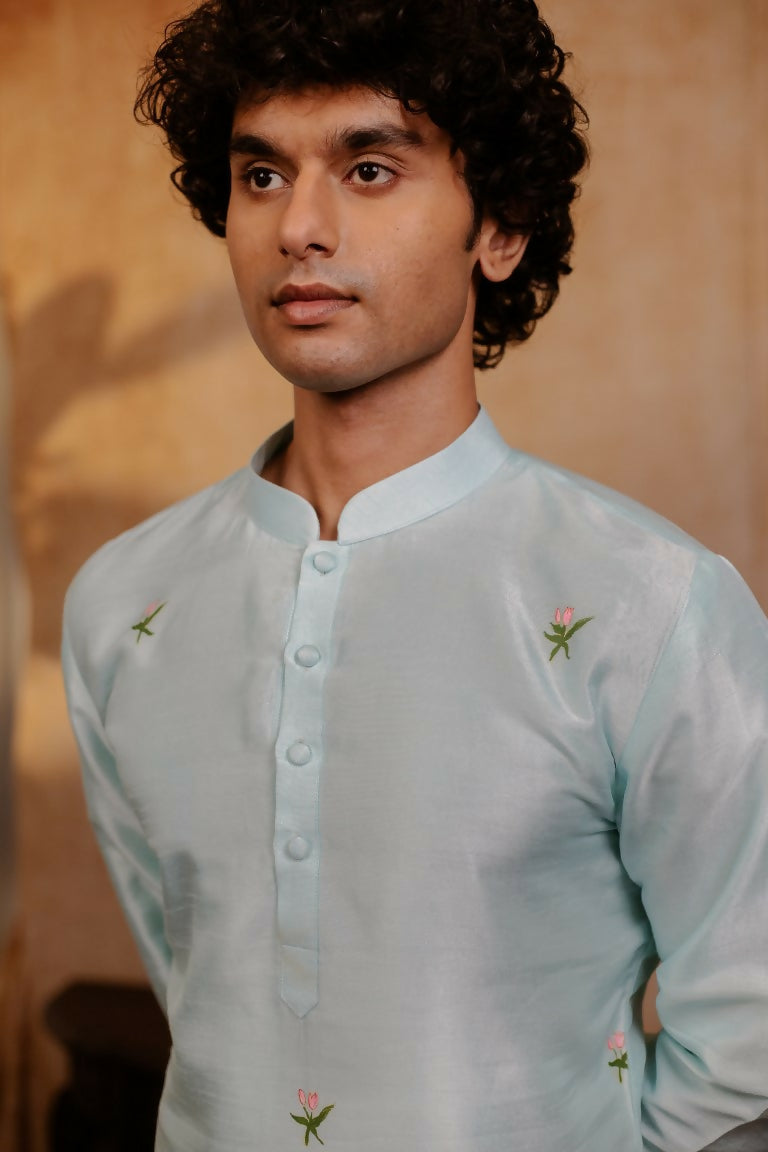 Falling Raw Silk Sea Green Vrindavan Lotus Kurta By Hilo Design
